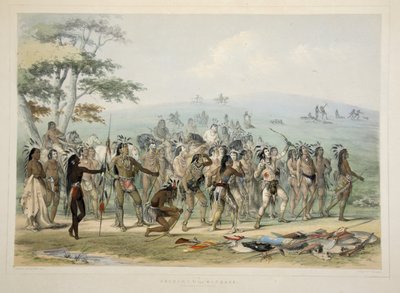 Boogschieten van de Mandans, uit Catlins North American Indian Portfolio. Hunting Scenes and Amusements of the Rocky Mountains and Prairies of America, pub. 1845 door George Catlin